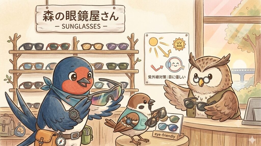 サングラスが並ぶ眼鏡屋さんのイラスト